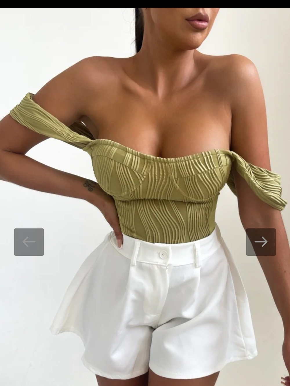 Off-Shoulder Olive Green Textured Crop Top